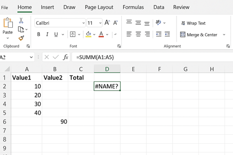 Excel #NAME? error due to misspelled SUM function name.